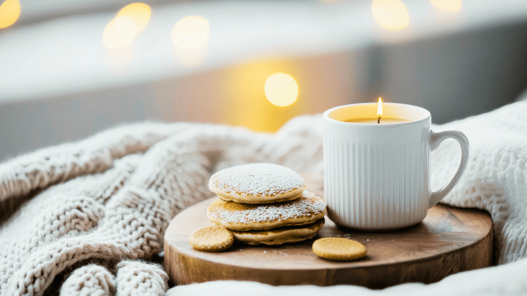 Lilin aromatik menyala di cangkir dengan kue-kue kecil dan selimut musim dingin, suasana hangat dan nyaman di musim dingin Belanda.