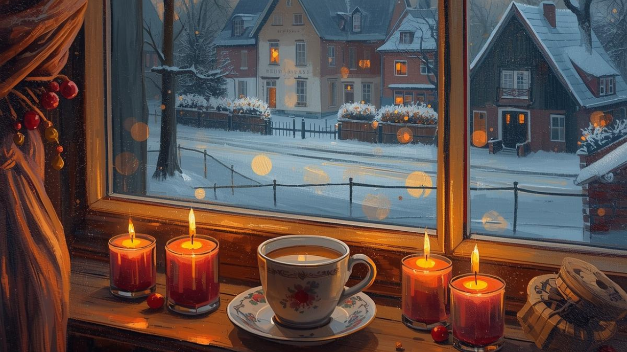Lilin dan teh panas di jendela dengan latar rumah khas Belanda saat musim dingin