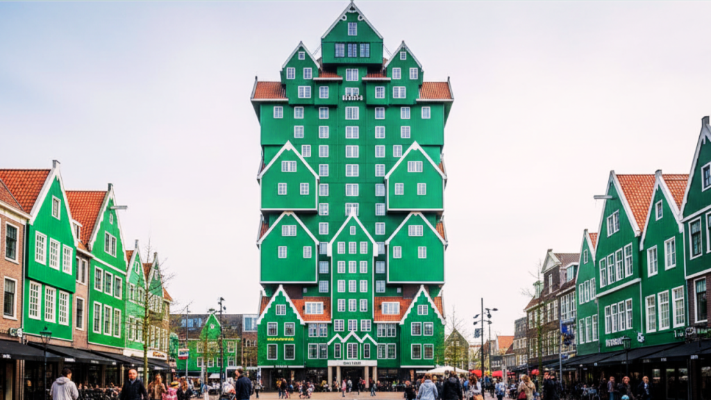Pusat kota Zaandam dengan arsitektur rumah kayu hijau ikonik dan bangunan hotel tumpukan rumah tradisional Belanda.