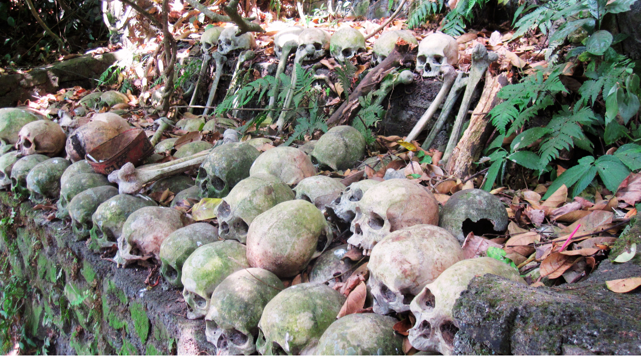 Tengkorak manusia dan tulang-tulang diletakkan di atas batu besar, bagian dari ritual pemakaman unik Suku Bali Aga di Desa Trunyan, Danau Batur, Bali. Schedel op een steen onder de heilige Taru Menyan‑boom in het dorp Trunyan, Bali.